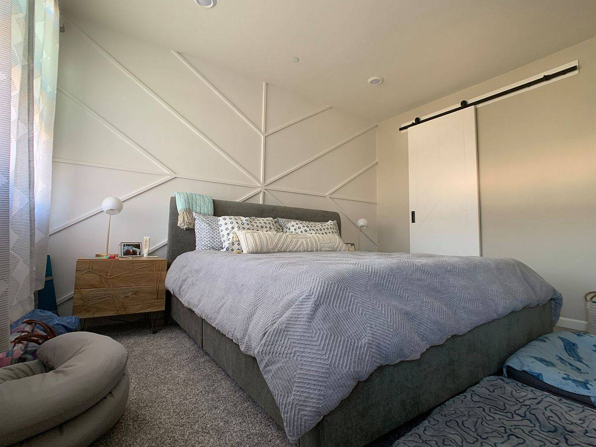 White Leaves On Geometric Accent Wall - Color Scheme For This Tiny Bedroom - Undisturbed - 69069