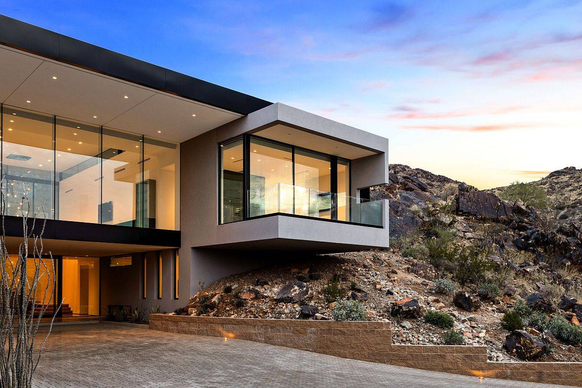 Gorgeous front facade of the Desert Jewel Residence in Paradise Valley blends into the backdrop