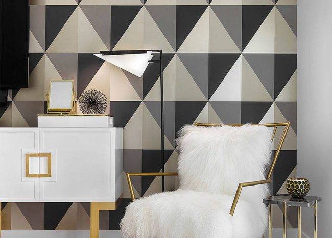 Tranistional Bedroom With White Black And Gray Geometric Accent Wall And A Hint Of Hollywood Glam 12227 650x467 