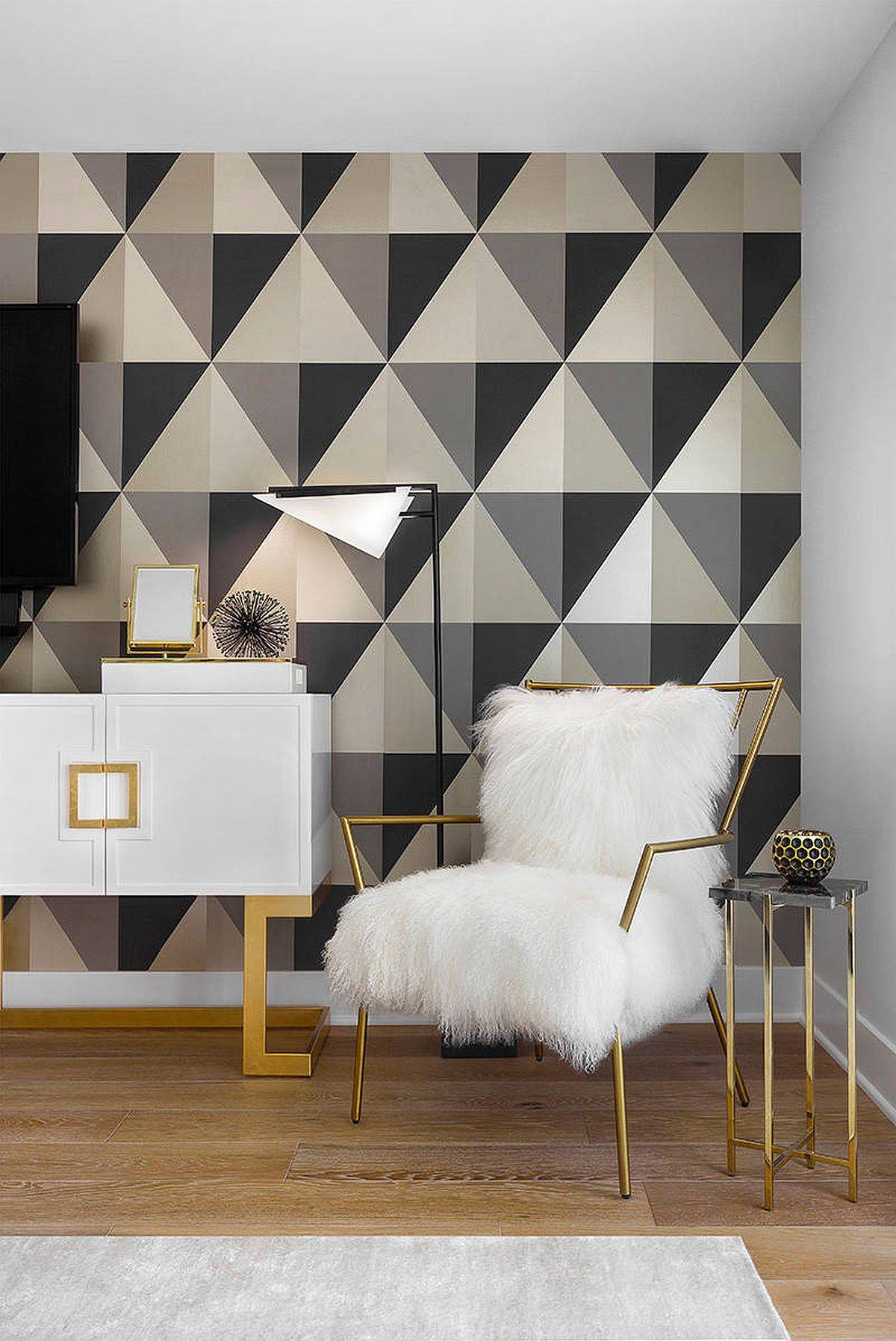 Tranistional bedroom with white, black and gray geometric accent wall and a hint of Hollywood glam