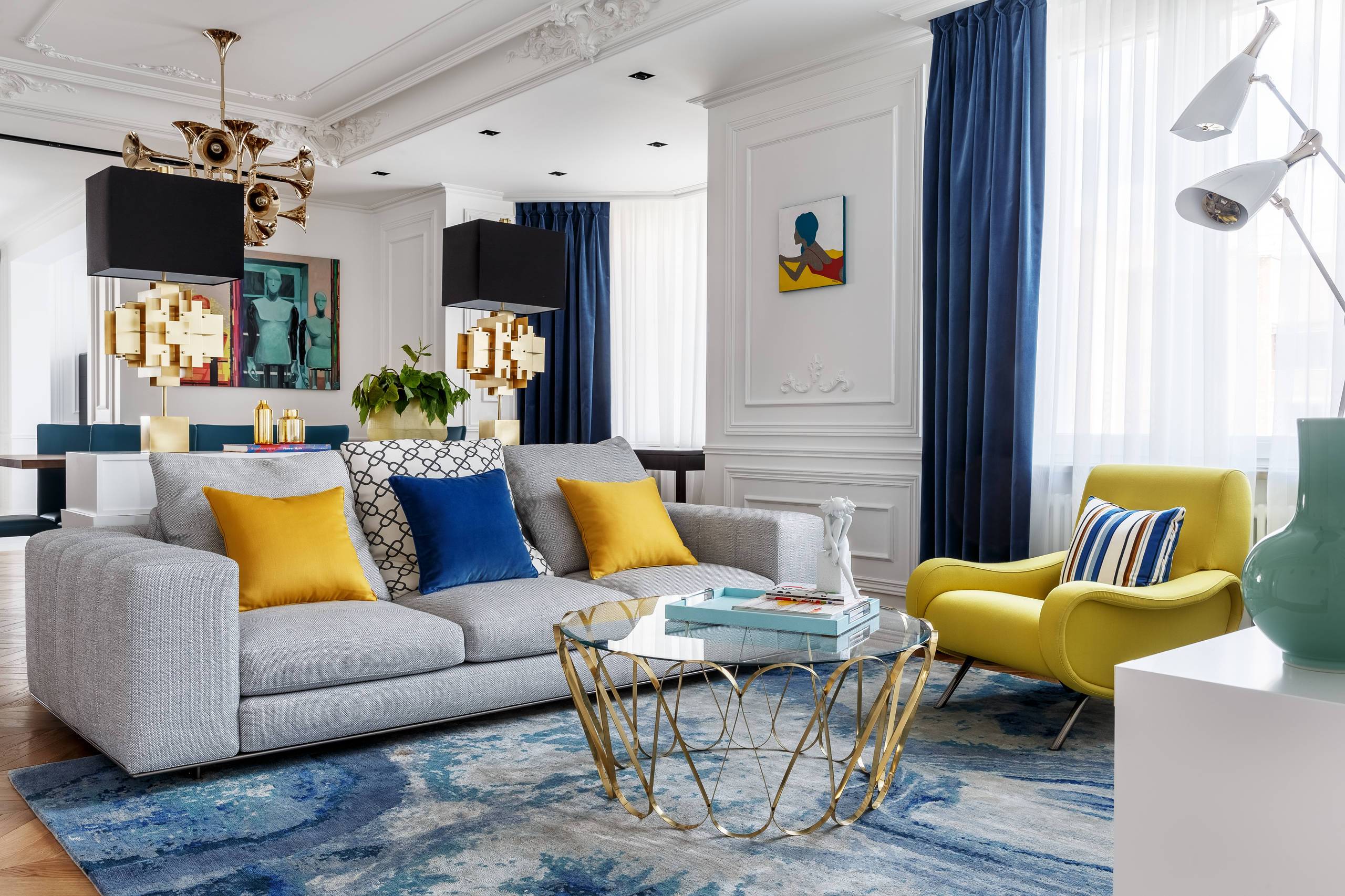 grey mustard and navy living room