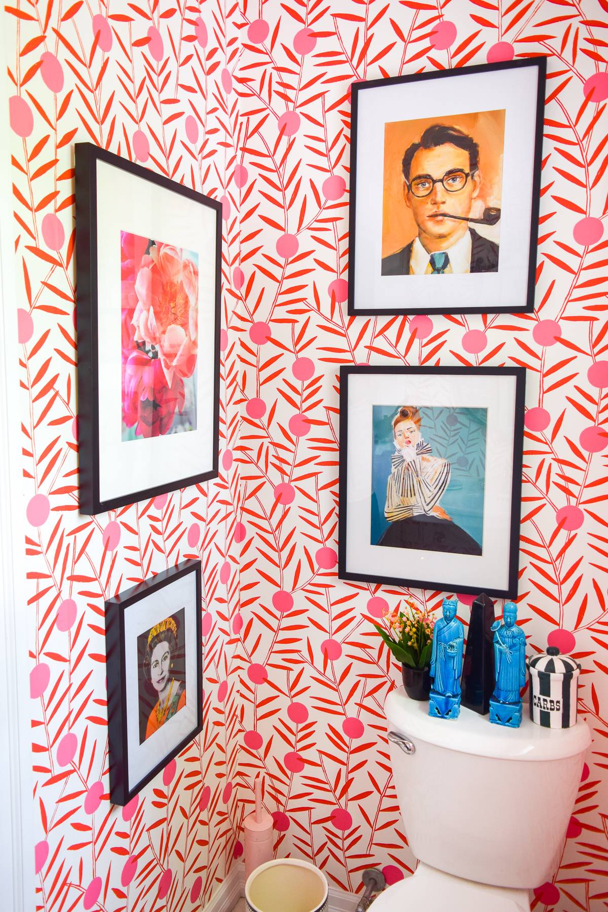 Bright Pink Wallpapered Powder Room [Photo by Ariel at pmqfortwo]