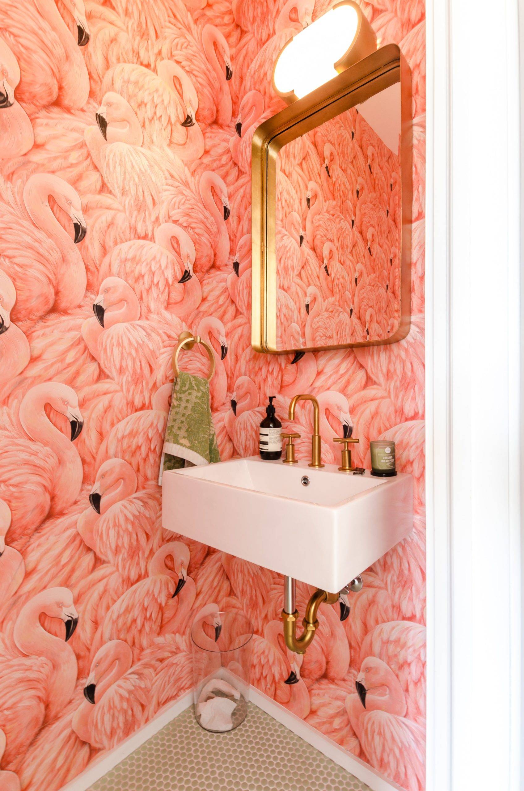 Flamingo Wallpaper in Small Powder Room [Photo by Chastity Cortijo]