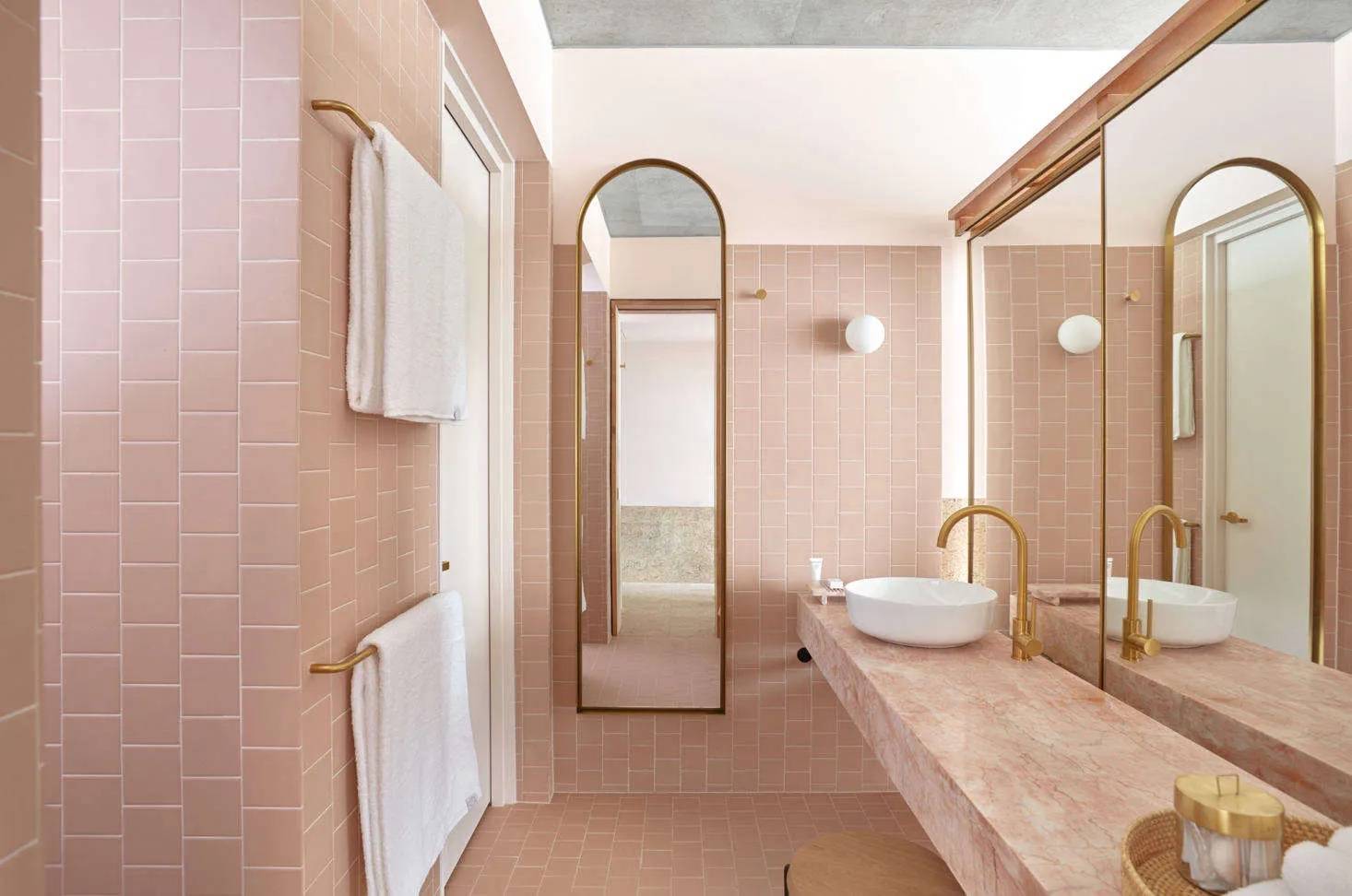 Pink Tiled Walls and Pink Vanity [Photo by Richards and Spence-designed Calile Hotel in Brisbane, Australia]