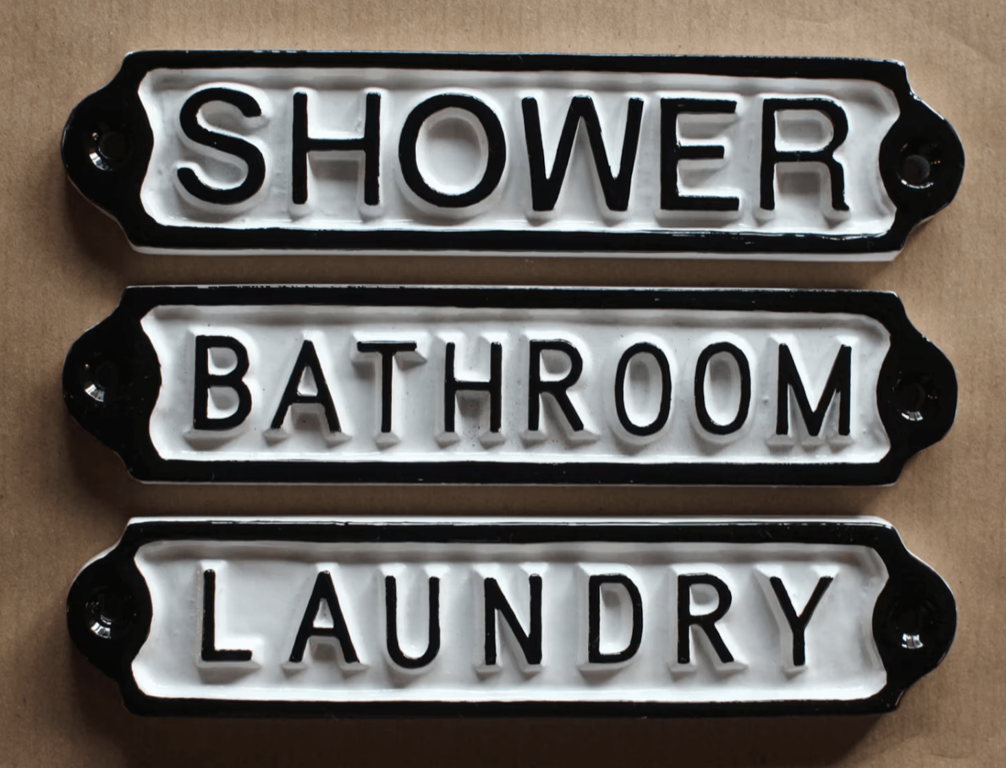 wrought iron black and white antique bathroom shower laundry sign
