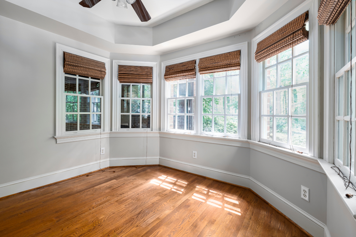 Large bay window with wooden blinds