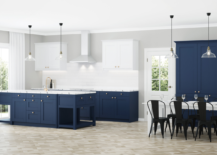 blue kitchen cabinets black farmhouse chairs white uppers hanging pendants