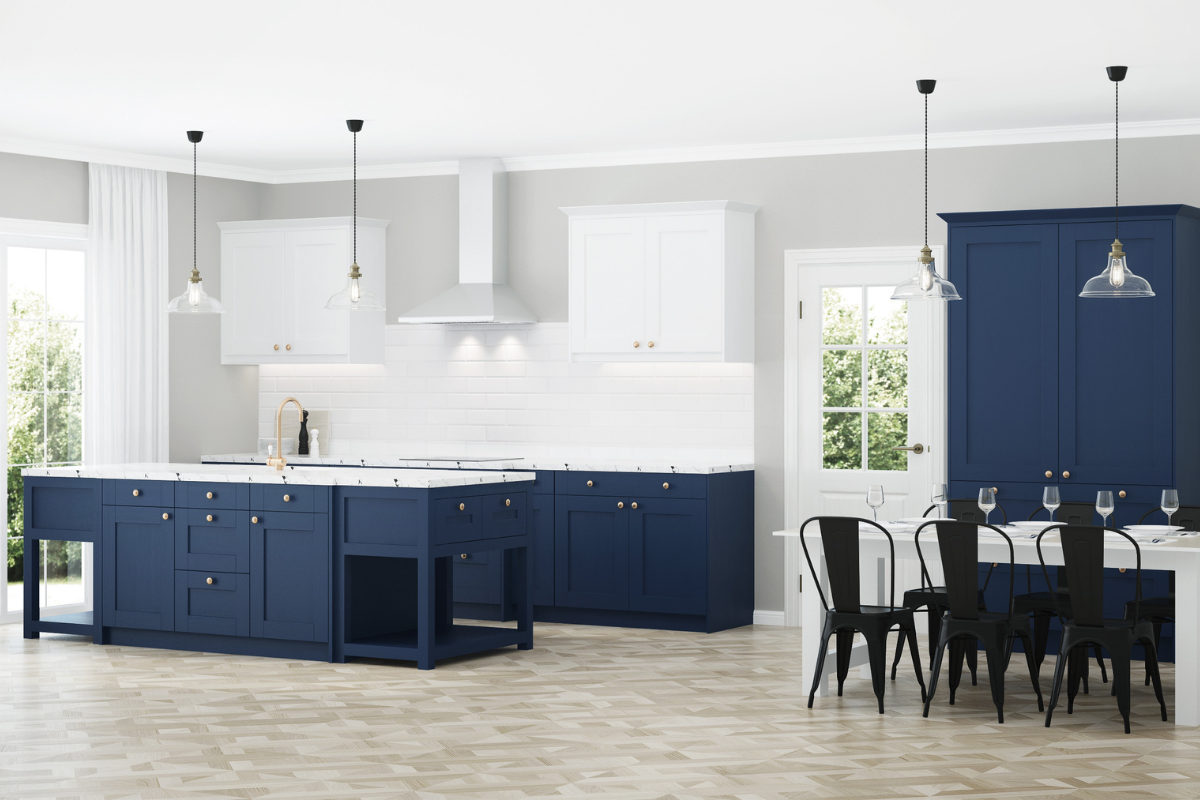 blue kitchen cabinets black farmhouse chairs white uppers hanging pendants