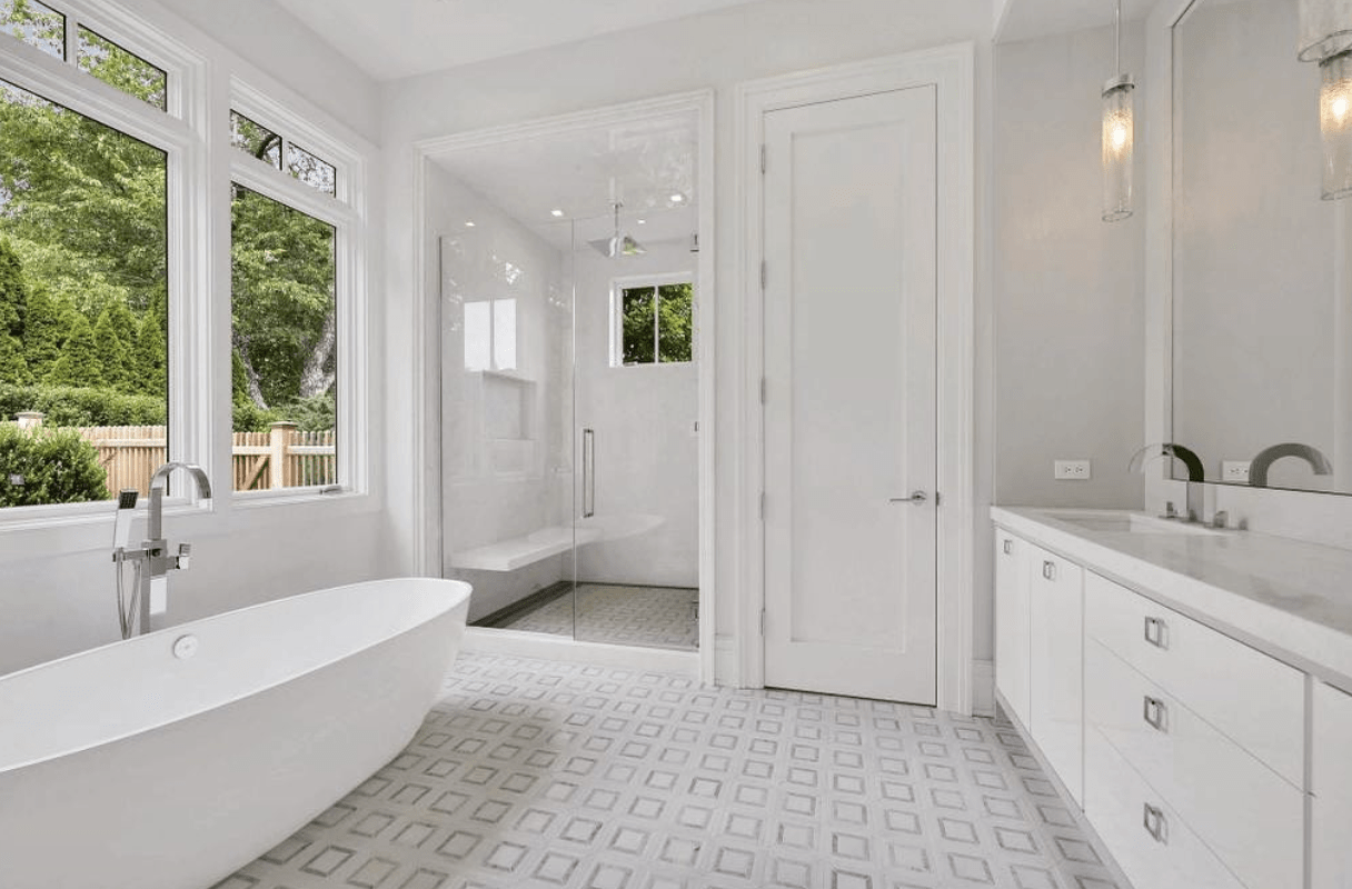 white large bathroom counter sink walk in shower