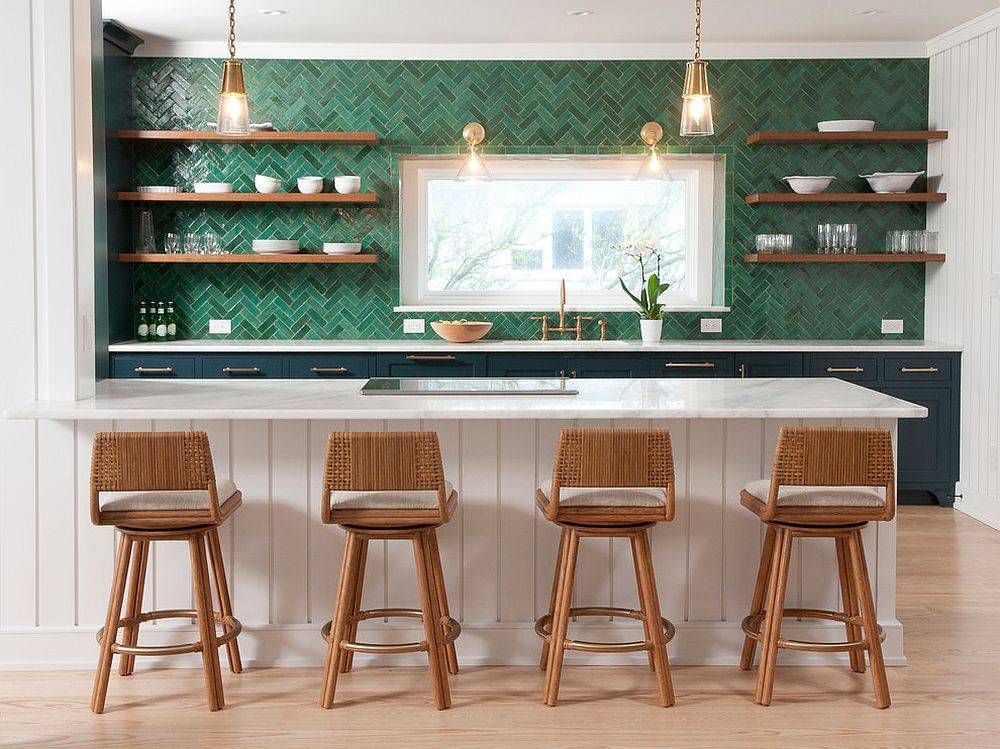green subway tile backsplash open shelving kitchen stools wood