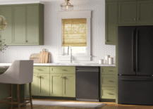 green kitchen with wood blinds