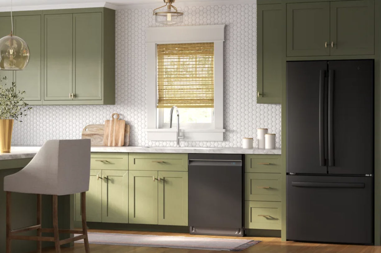 green kitchen with wood blinds
