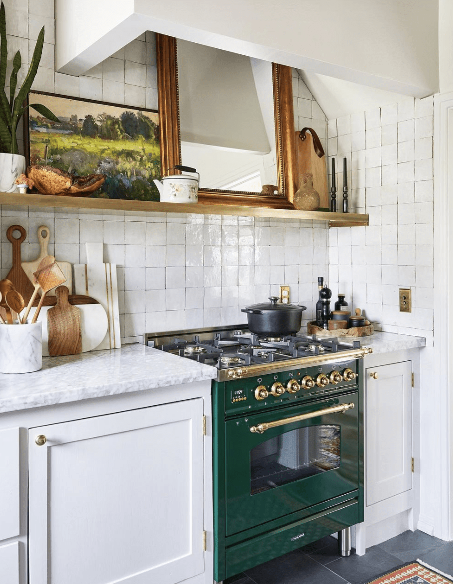 green stove kitchen art mirror white cabinets gold knobs