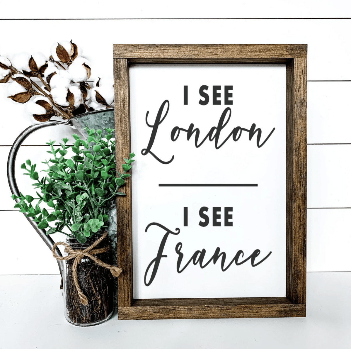 wood frame rustic bathroom sign on white shiplap background with greenery farmhouse