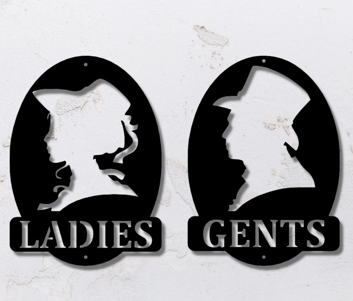 ladies and gent wrought iron black signs for bathroom