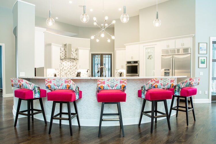 pink kitchen stools bright white curved island