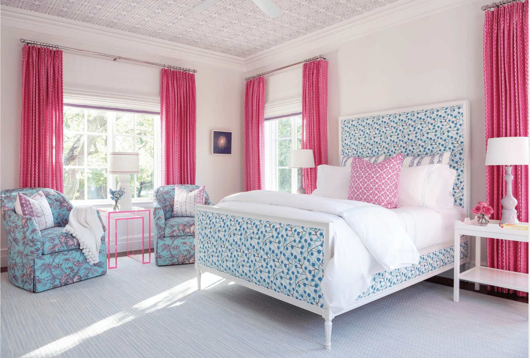 pink blue bedroom curtains bed sitting chairs