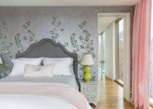 dark grey headboard bedroom flower decals wall lime green lamp pink bedding