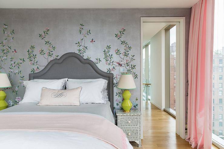 dark grey headboard bedroom flower decals wall lime green lamp pink bedding