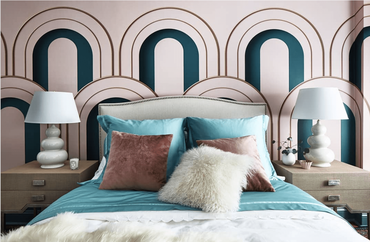 pink room accent wall bed teal pillows