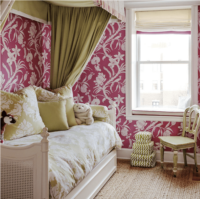 pink olive green bedroom with kid’s chair canopy