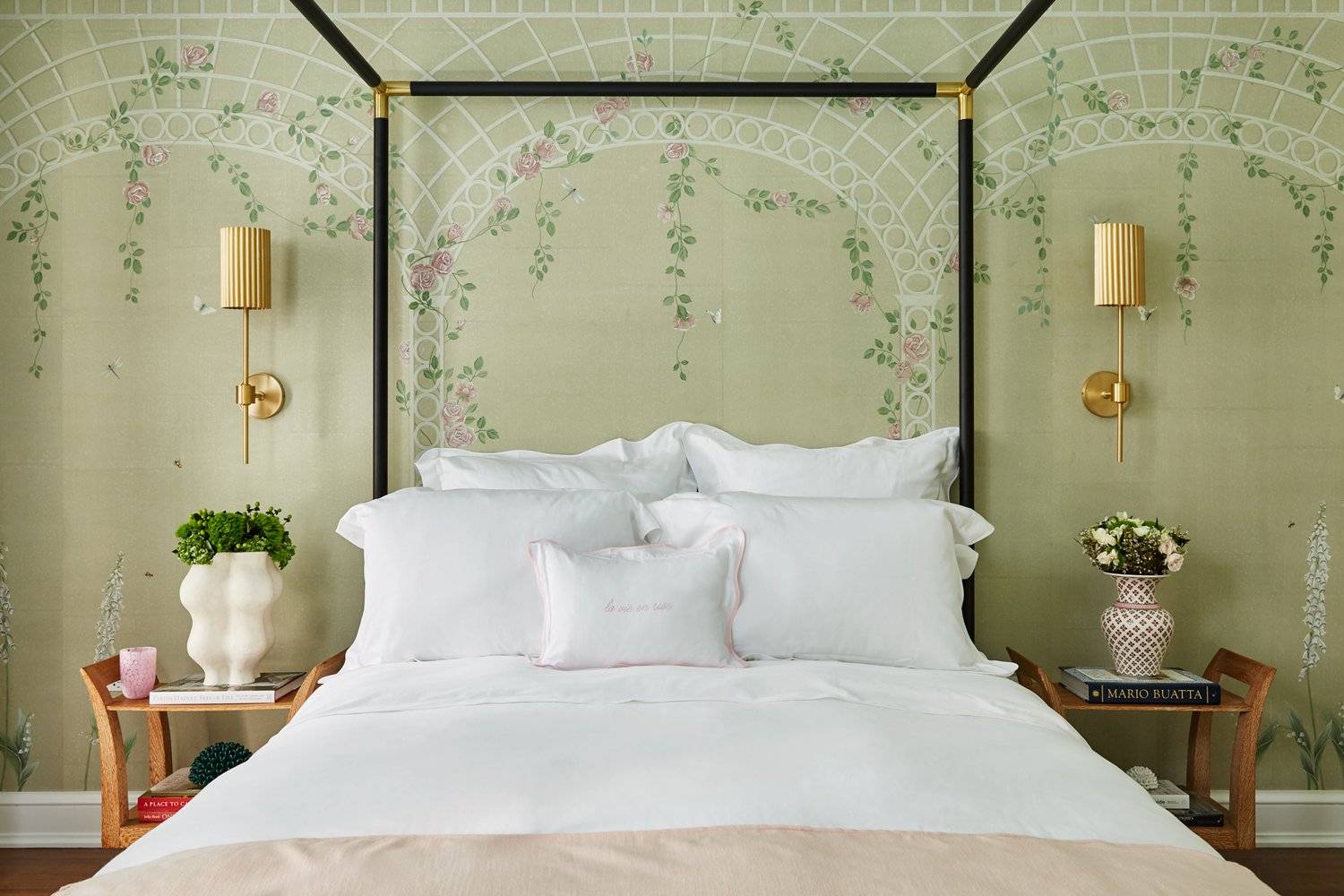 sage bedroom master bed pink throw flowered wallpaper