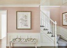 Pink walls white stair case bench large wall art