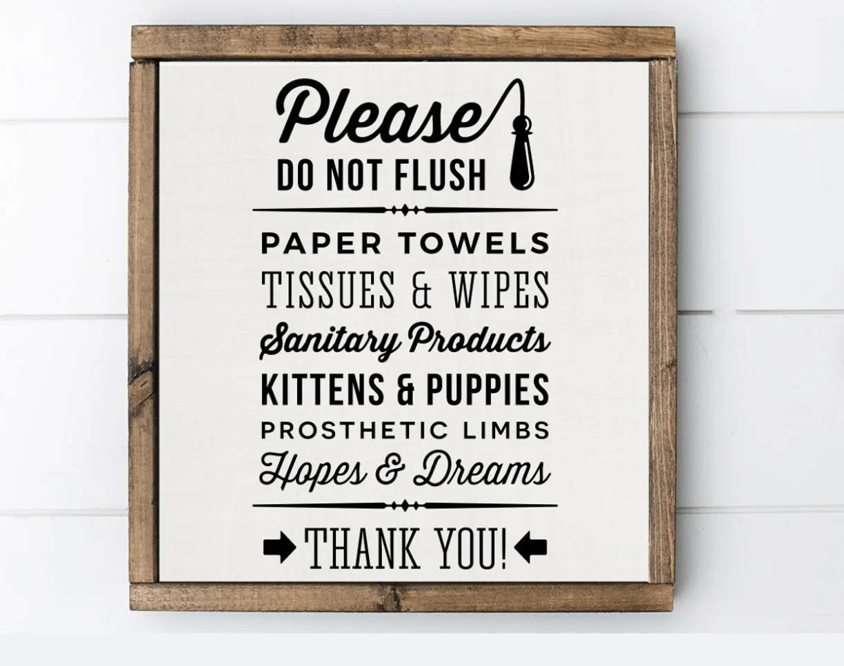 please do not flush sign rustic wood frame white shiplap background