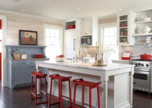 red stools kitchen white island blue cabinet big