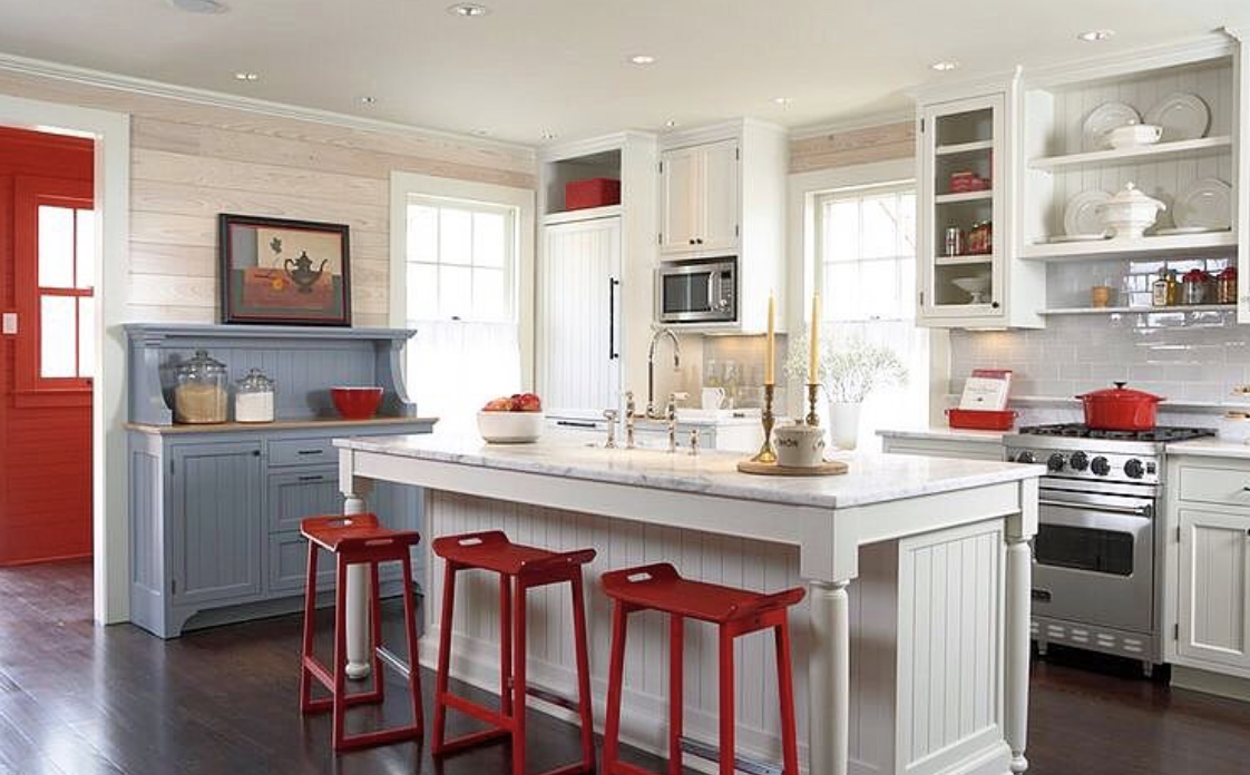 red stools kitchen white island blue cabinet big