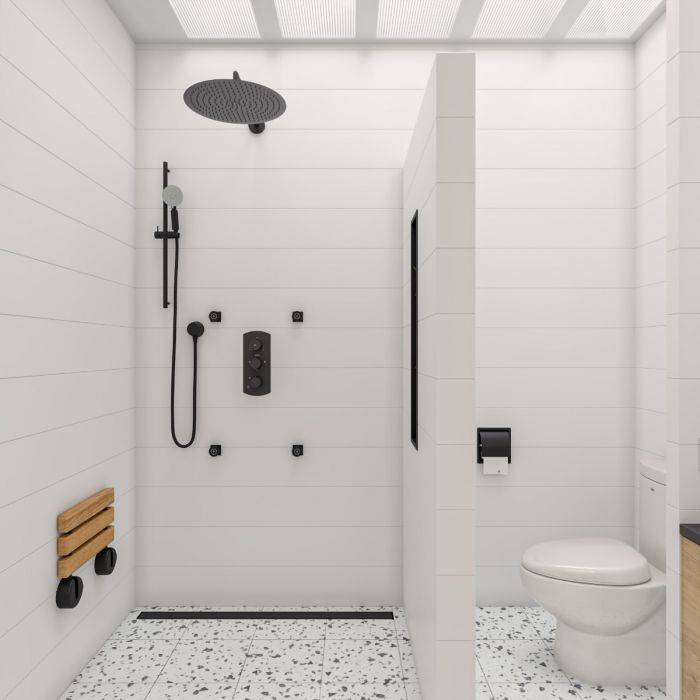 Kursi shower jati, walk in, faucet hitam, toilet, ubin putih