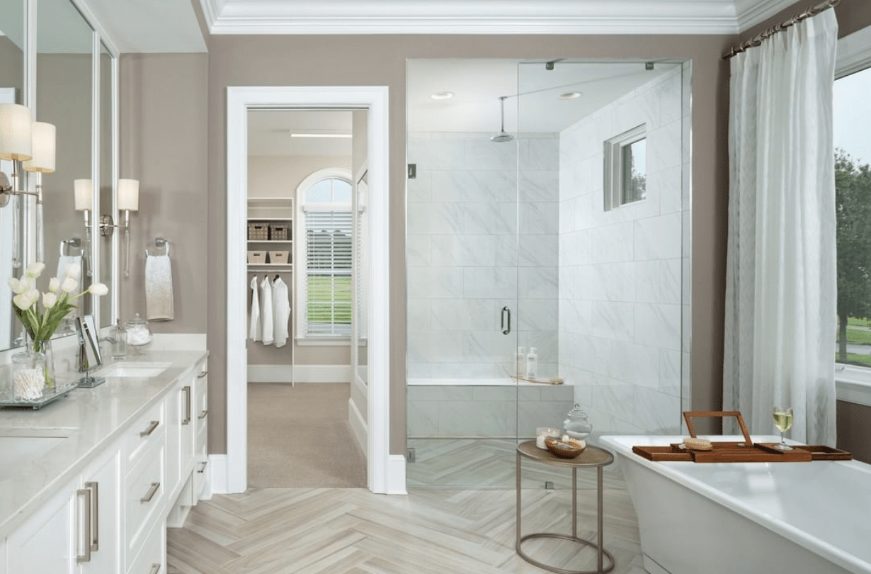 bathroom wide shot grey walls tiled shower