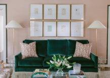 pink and emerald couch living room gallery wall art pillows