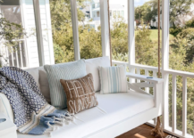 hanging nautical beach patio porch swing decorative pillows white cushion