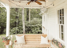 hanging light wood porch patio swing bench with hanging lights ceiling fan white porch