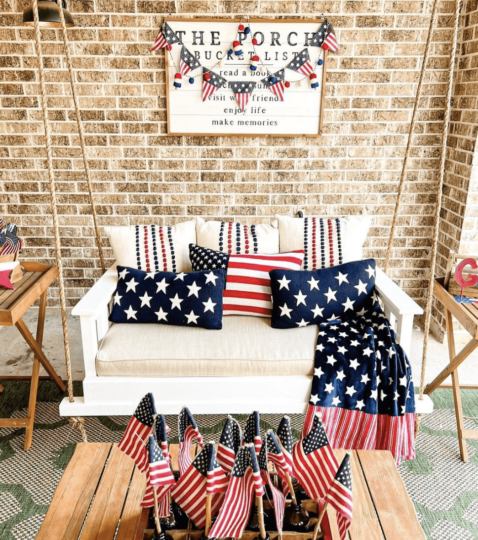 patriotic porch swing usa american flags decor brick patio hanging