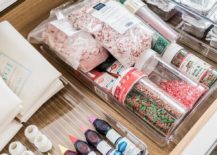 baking supplies in open drawer sprinkles food coloring close up