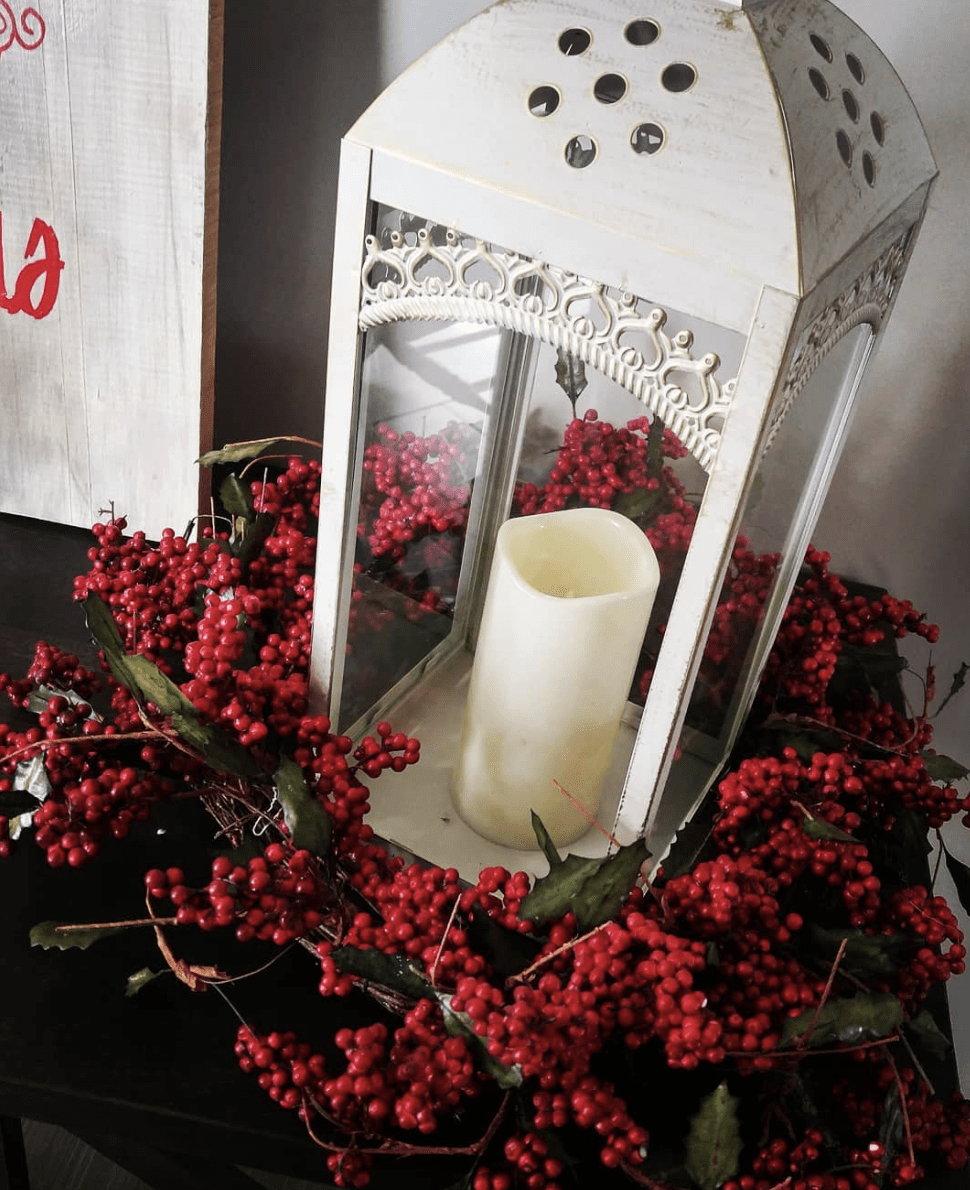 berry wreath candle ring with white lantern
