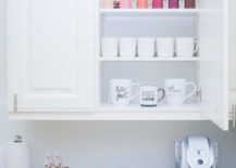 white cabinets beverage center coffee keurig maker mugs knife block