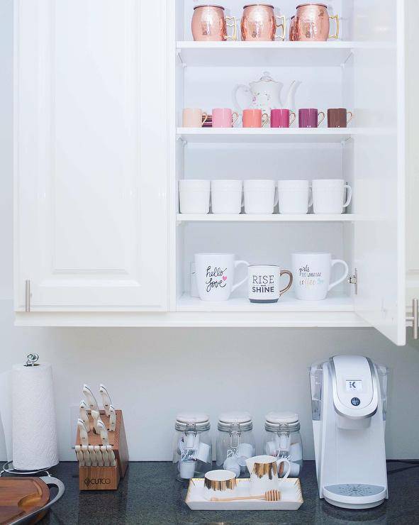 white cabinets beverage center coffee keurig maker mugs knife block