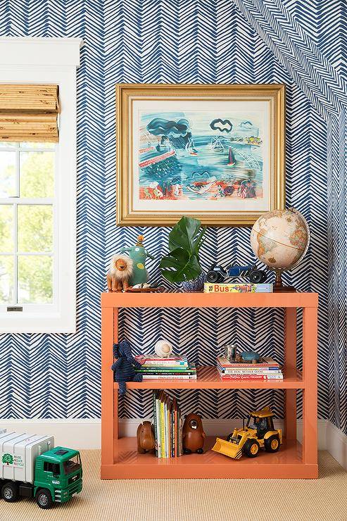 blue chevron wall paper wall art orange shelf with kids toys window truck globe