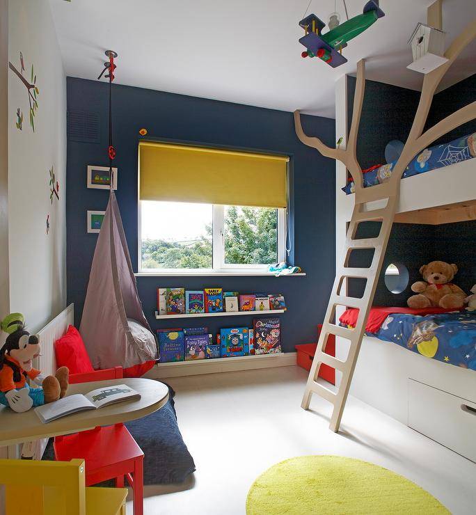 boys bedroom with primary colors red yellow and blue bunk beds toys