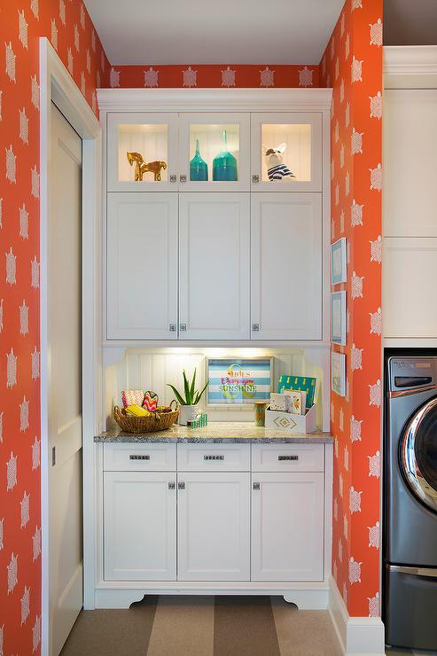 cabinetry lighting white cabinets orange deco wallpaper small laundry room decor pieces inside