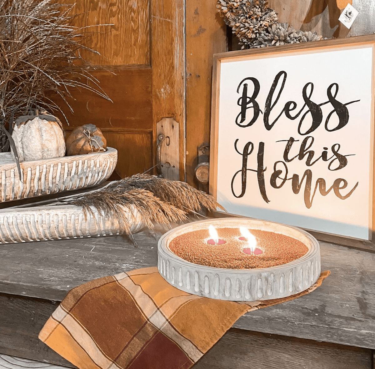 candle sand in wood container bless this home farmhouse sign wood trays