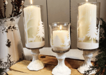 christmas candles on snowy candlesticks with white cricut vinyl