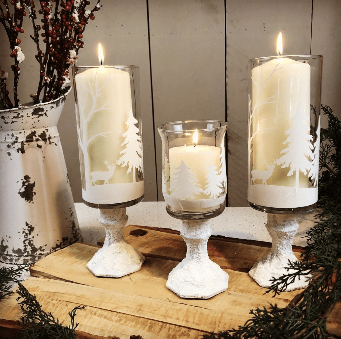 christmas candles on snowy candlesticks with white cricut vinyl 
