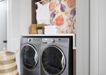 fig wallpaper purple laundry room closet stainless steel washer and dryer side by side seagrass basket clothes rack