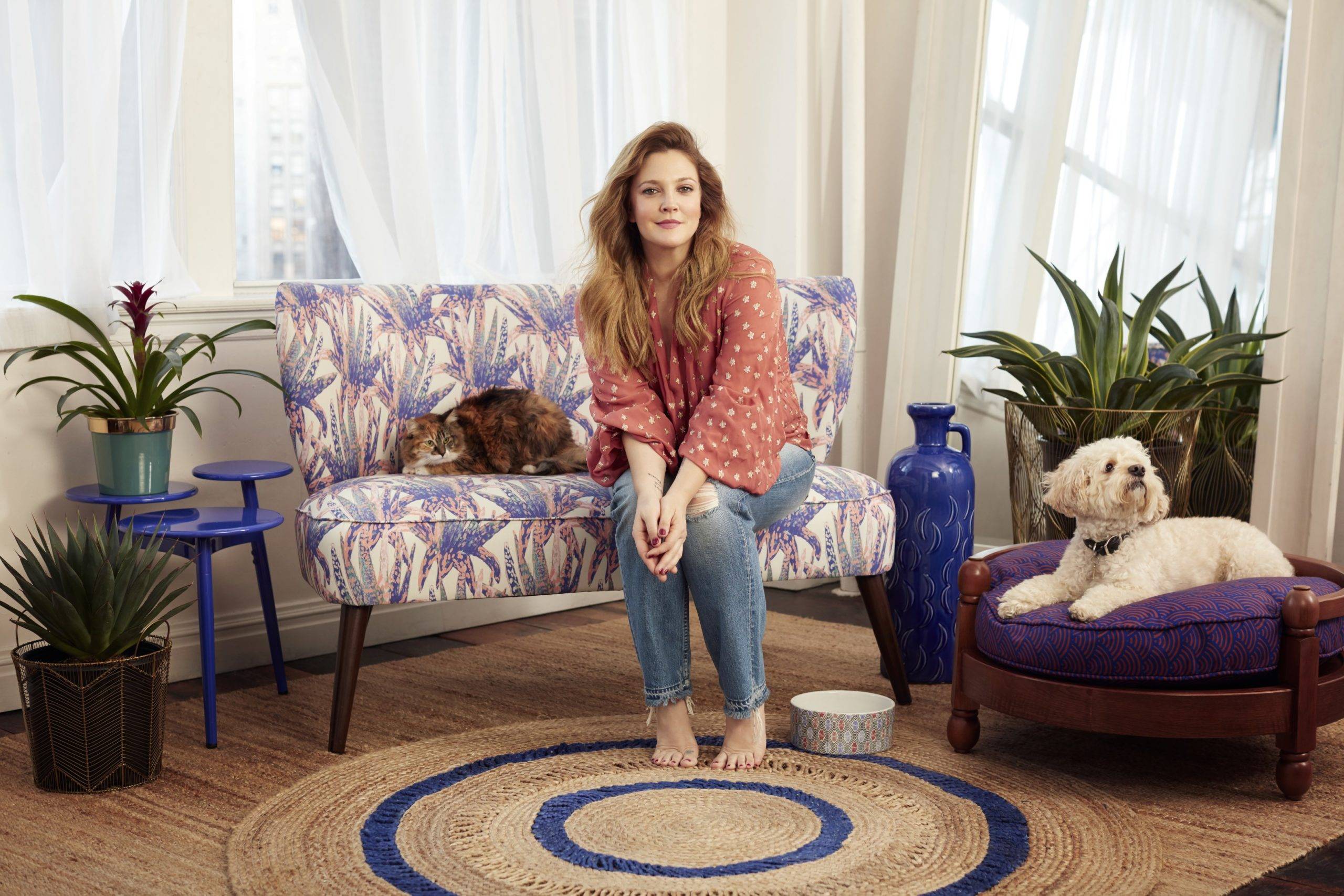 Drew barrymore sitting on a flower sofa with a cat and dog