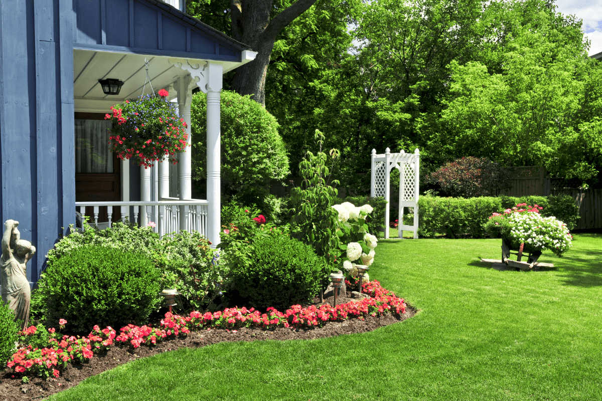 front yard green grass flower beds blue house