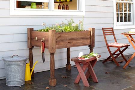 herb planter box table legs red stool chair watering can tin pail